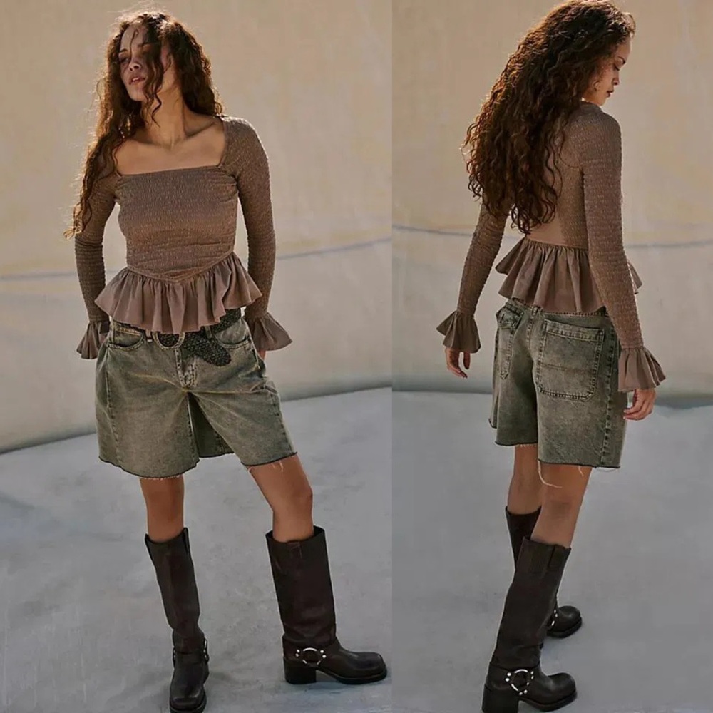 Free People Smocked Peplum Top Dusted Cocoa Square Neck Long Sleeve Small NWOT